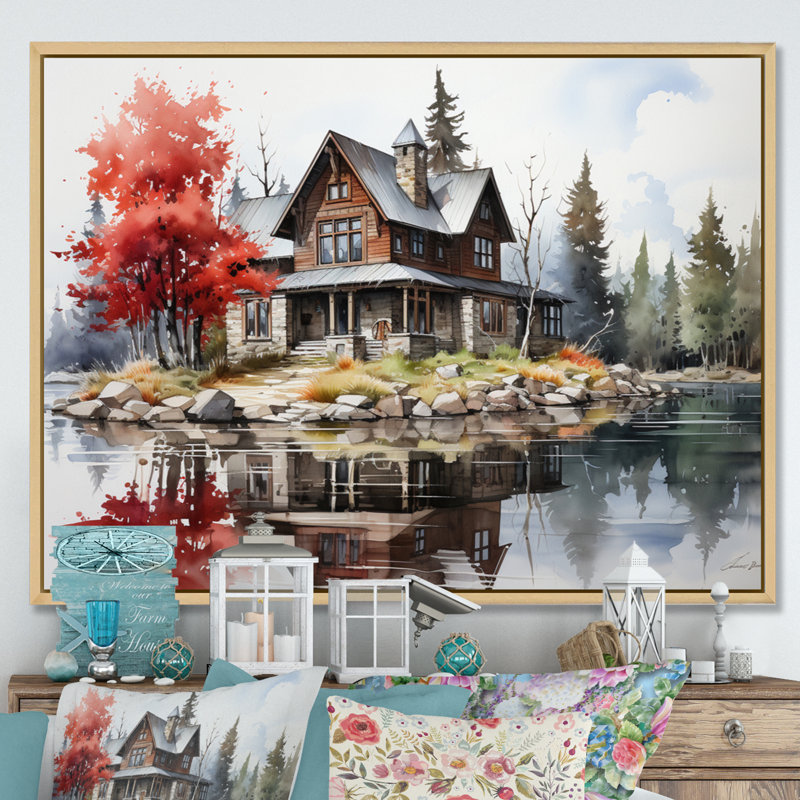 Red And Grey Lakeouse Majestic Retreat IV - Lake House Cottage Canvas Prints, H 16 po x l 32 po x P 1 po