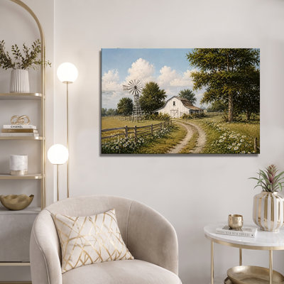 Rustic Farmhouse Barn and Windmill Canvas Painting