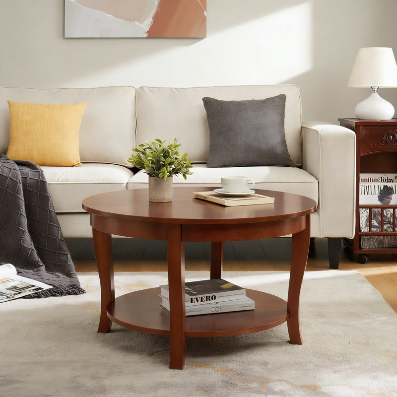 Traditional Round Coffee Table With Open Storage Shelf,2-Tier Storage Wood Center Circle Accent Table For Living Room, Bedroom, Apartment, Studio And Small Spaces, 30 X 30 X 18 Inches