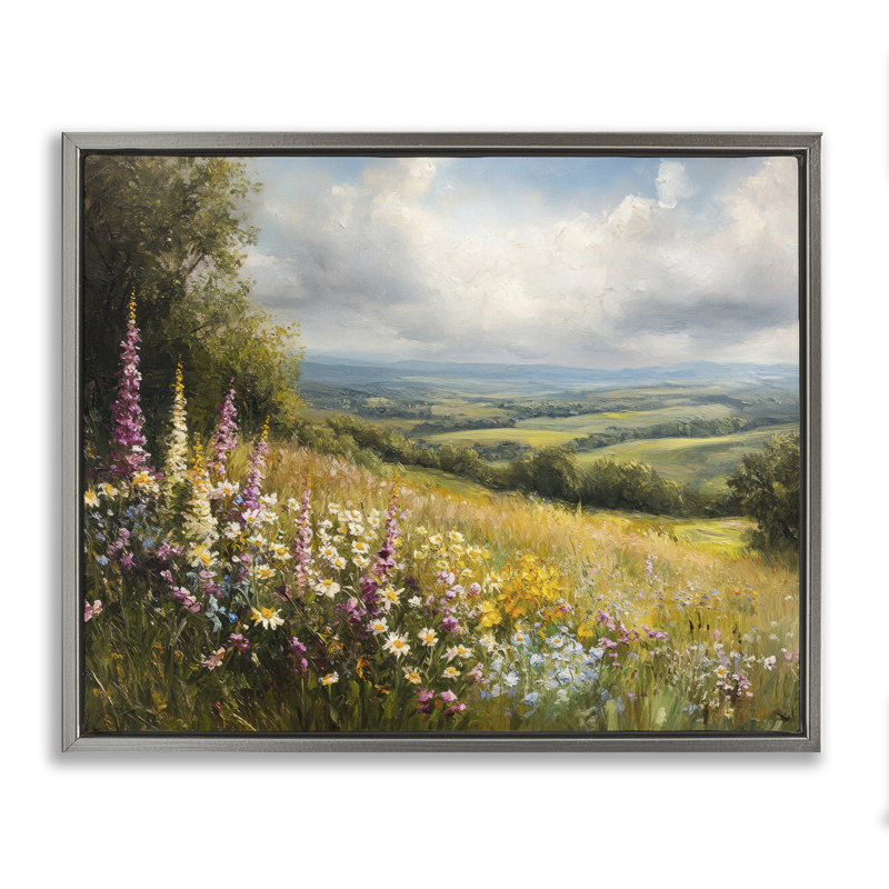 Haut cadre flottant à motif de fleurs sauvages, par Petal Prints Design, Cadre flottant gris lustré, H 25 po x l 31 po