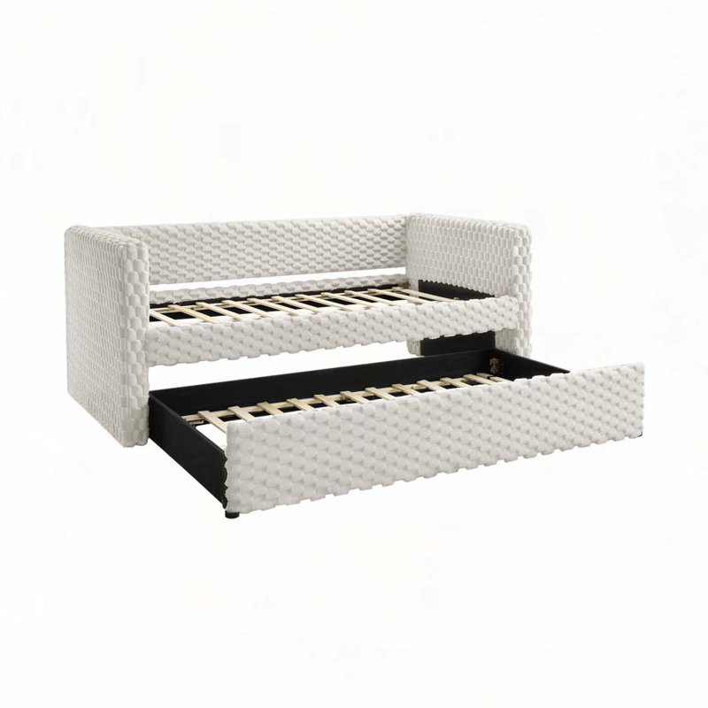 Daybed Armrest Pull Out Trundle ,Textured Fabric, White