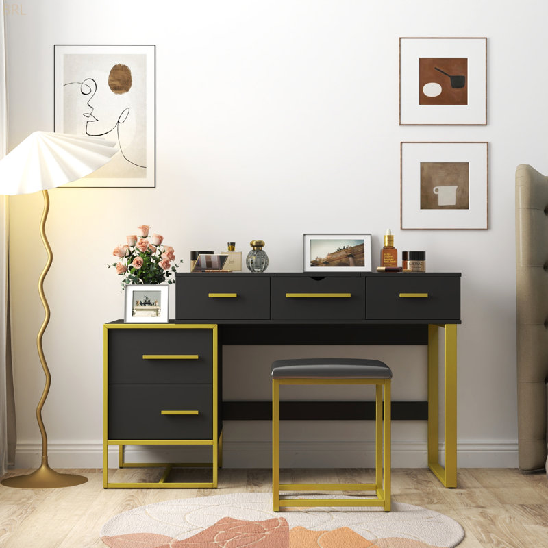 Ensemble de coiffeuse avec miroir, commode avec table de chevet et 4 tiroirs, Noir