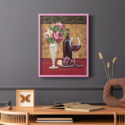 «Vintage Flowers & Wine I», reproduction encadrée - bois massif