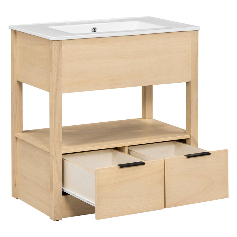 Bathroom Vanity with Sink Top, Open Storage Shelf, and Two Drawers, Beige, Black