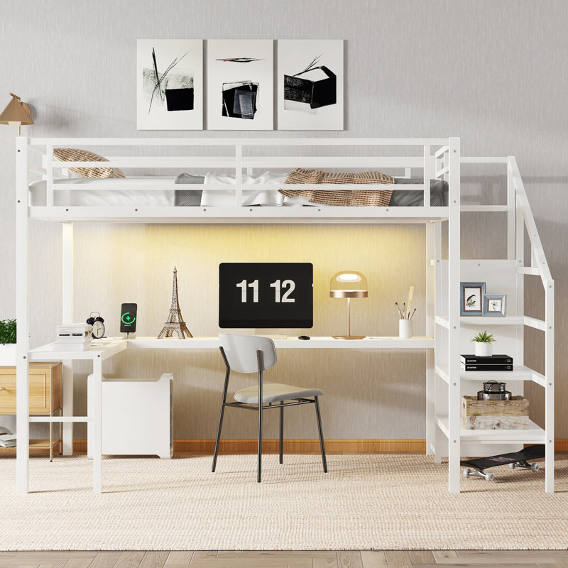 Lit mezzanine simple TG en métal avec bureau, port USB, armoire, tablette réglable, mezzanine haute pour enfants, adolescents, adultes