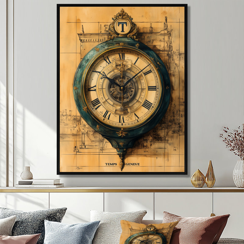 Horloge de Genève ancienne - Tableau vintage sur toile, H 32 po x l 24 po, Cadre flottant noir
