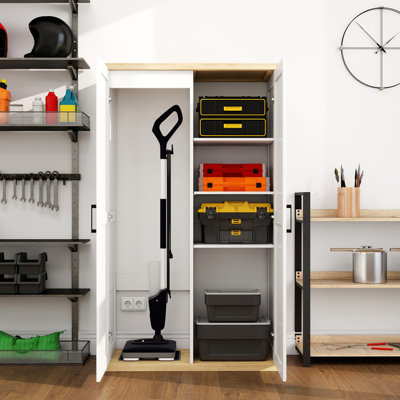 55.1" Tall Wooden Vacuum Storage Cabinet, Broom Closet Storage Cabinet with 2 Doors and a Adjustable Shelf, Cleaning Tool Cabinet for Living Room, Kitchen, Garage, Utility Room, Bathroom-White