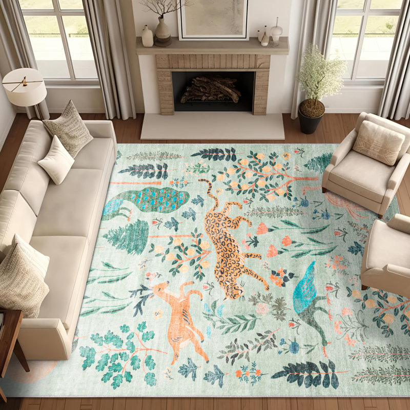 Boho Floral and Animal Print Machine Washable Area Rug, Rectangle 6' x 9'