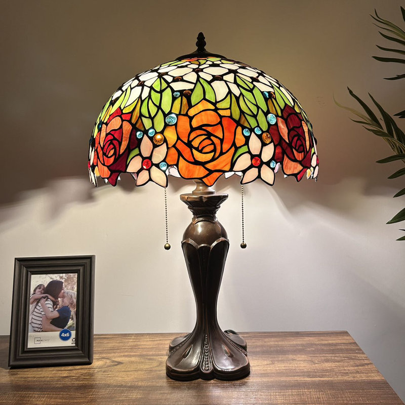 Godric Tiffany Table Lamp Stained Glass Rose Flowers LED Bulbs Included 16"W*16"D*24"H, Green