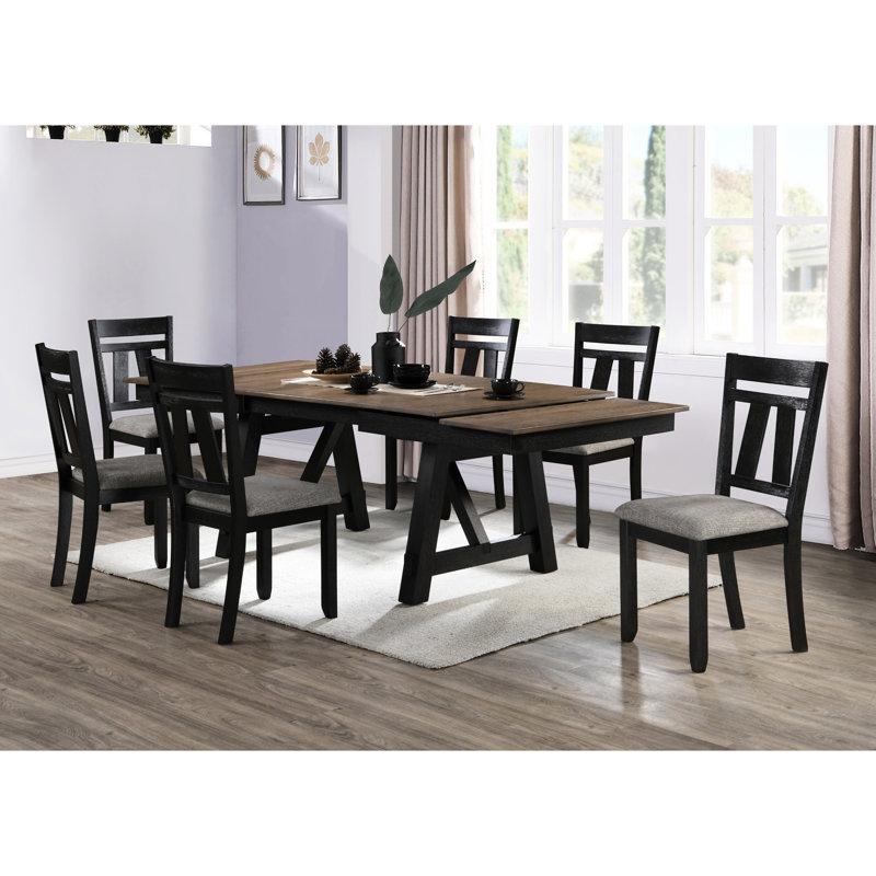 Table de salle à manger rectangulaire de style transitionnel, 6 sièges, feuilles autoportantes, bois, finition gris anthracite blé, base à tréteaux avec pieds, bois de chalet