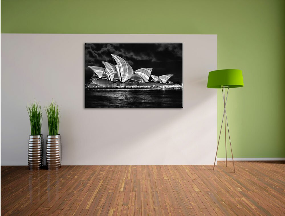 Leinwandbild Sydney Opera House blau gelbe Streifen in Monochrom