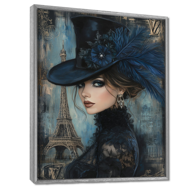 Dame chic à Paris près de la Tour Eiffel - salon art mural femme cabaret, Encadrement argenté, H 40 po x l 30 po x P 1,5 po