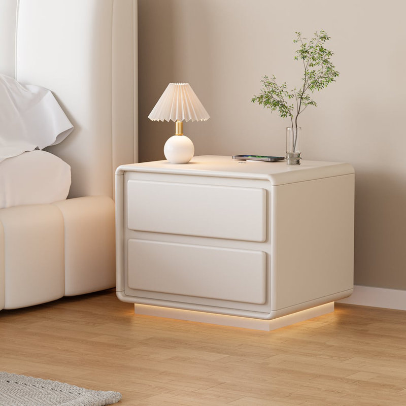 Modern 2-Drawer Smart White Beside Table with Wireless Charger