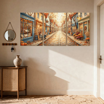 Scenic &Cityscapes Autumn Street Scene With Bookstore And Pumpkins Set of 3 Canvas Wall Art Prints