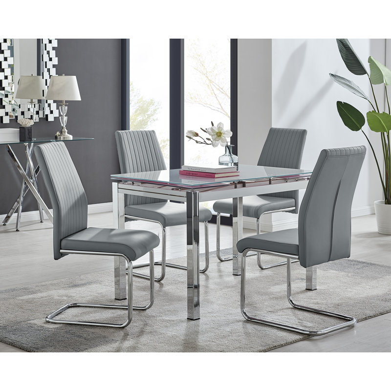 Tierra Modern Glass & Metal Extendable Dining Table Set & 4 Luxury Faux Leather Dining Chairs, Gray/Silver