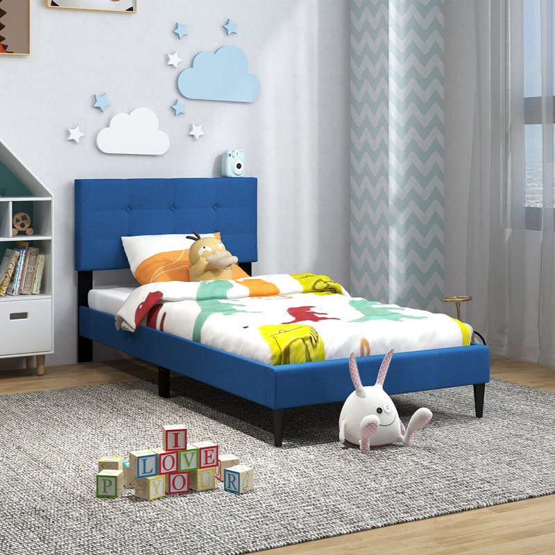 Lit plateforme tapissier Winston Porter, Bleu