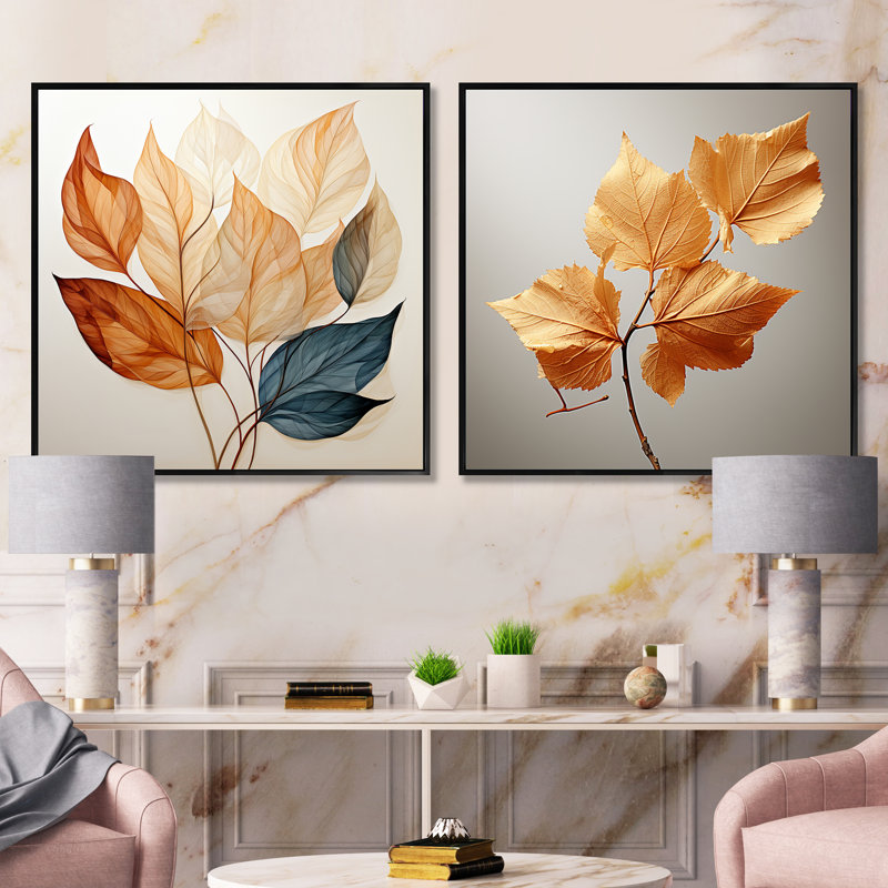 Cuivre feuillu abstractions - ensemble de 2 feuilles carrées, Cadre flottant noir, H 30 po x l 61 po