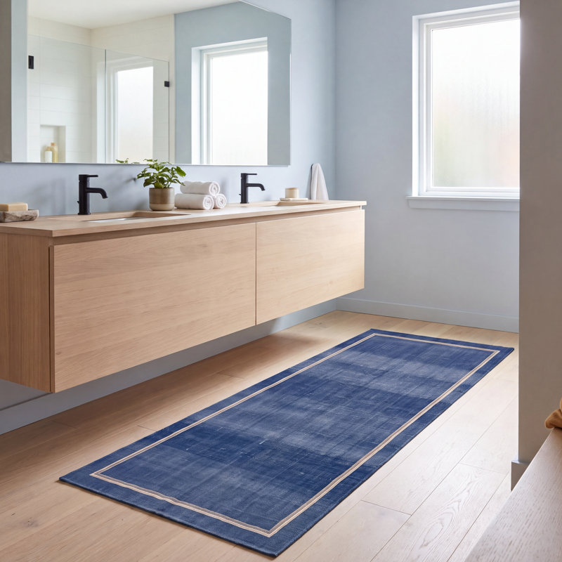 Tapis en lin moderne et minimaliste à bordure géométrique, bleu, gris, or, crème, ivoire, lavable à la machine, antidérapant, à poils courts, pour l'intérieur et l'extérieur, adapté aux animaux domestiques, idéal pour le salon, la chambre, la salle à manger, l'entrée, le couloir ou le bureau.