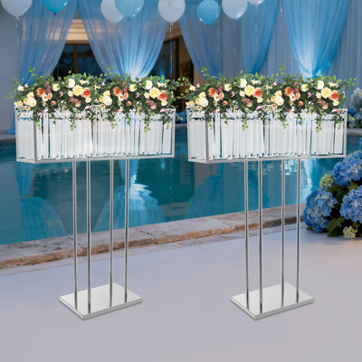 2PCS 35.43" Modern Simple Silver Square Crystal Flower Stand For Wedding Birthday Party Events