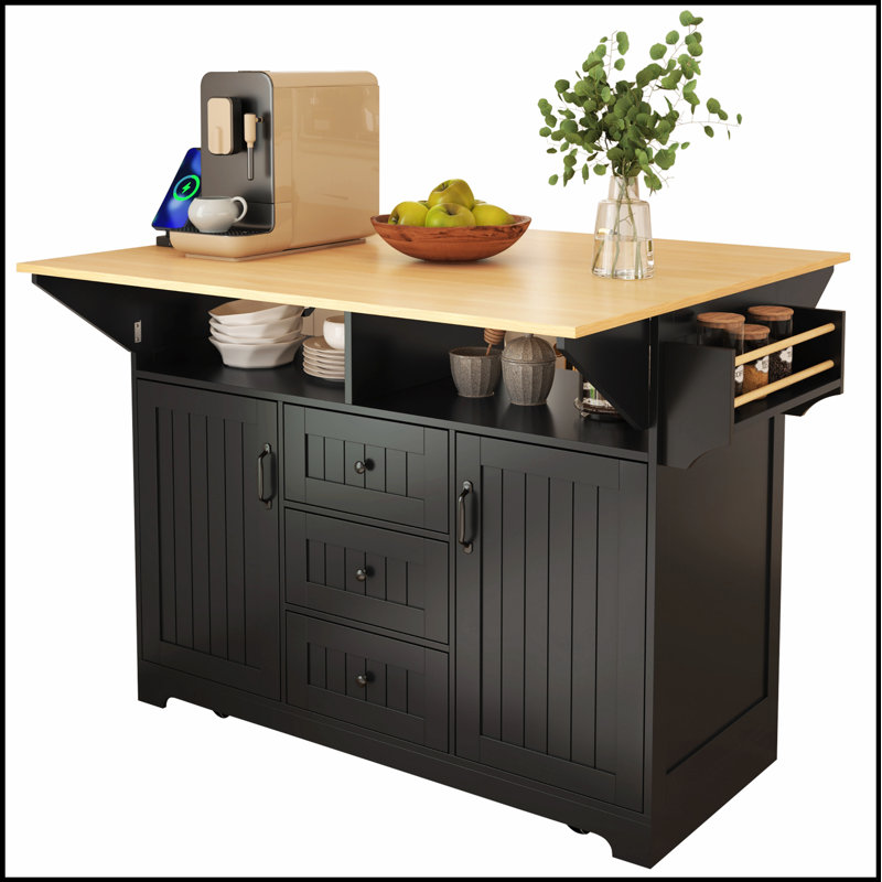 Grand îlot de cuisine de 53 pouces avec rallonge, prise de courant et rangement spacieux sur 5 roulettes, parfait pour les cuisines et les salles à manger modernes