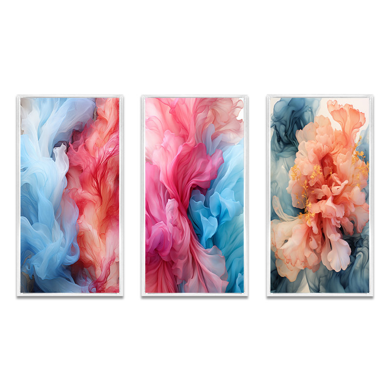 Liquid Purity Ink Wave Abstract In Red & Blue - Abstract Liquid Ink Art Set Of 3 Pieces, Cadre flottant blanc