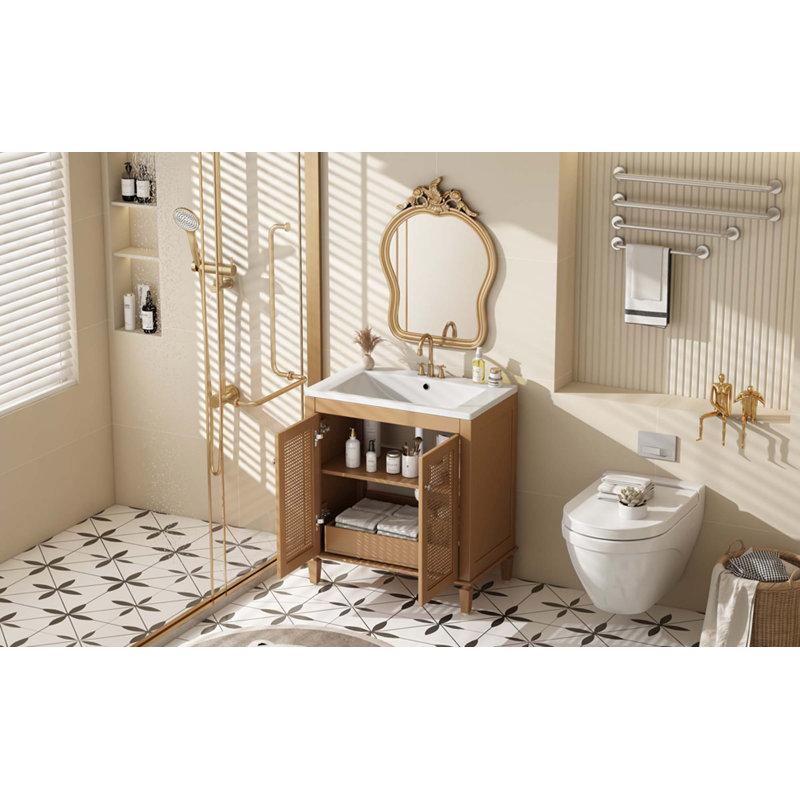 Meuble-lavabo de 30 pouces avec lavabo en résine, ensemble de meuble-lavabo autoportant avec tiroir caché, armoire de rangement pour la salle de bain