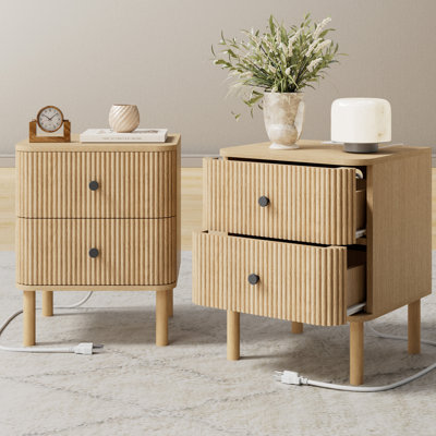 Fluted Nightstand With Charging Station, 18 Inch Modern Farmhouse Night Stand, Round Edge by Latitude Run