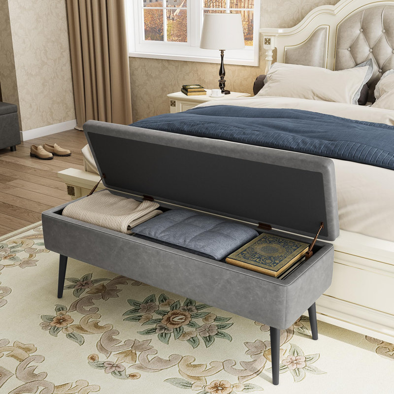 47.7'' Mid-Century Modern Upholstered Storage Bench With Solid Wood Legs, Gray