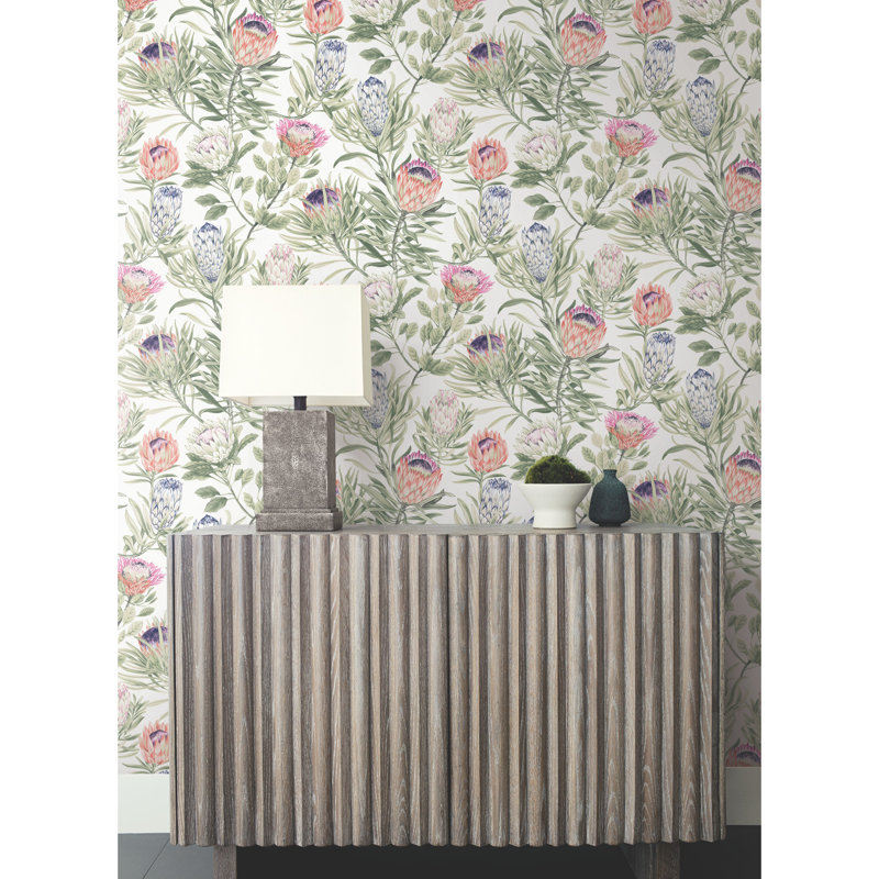 Rouleau de papier peint L 27 pi x l 27 po Protea, Blanc / fuchsia