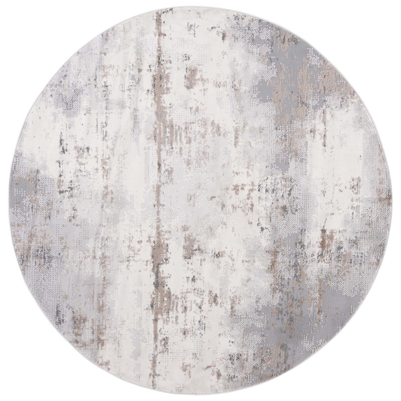 Tapis en polypropylène / polyester abstrait tissé à la machine en gris / beige, Rond 6 pi 7 po