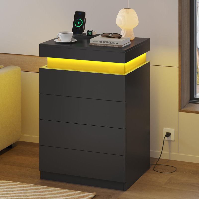 Table de chevet avec 4 tiroirs et lumières à DEL, plateau coulissant, grande table de chevet avec station de charge, table d'appoint moderne pour la chambre à coucher