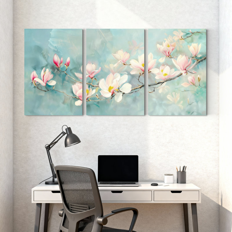 Magnolia rose tendre sur fond bleu, ensemble de 3 impressions sur toile, H 30 po x l 60 po