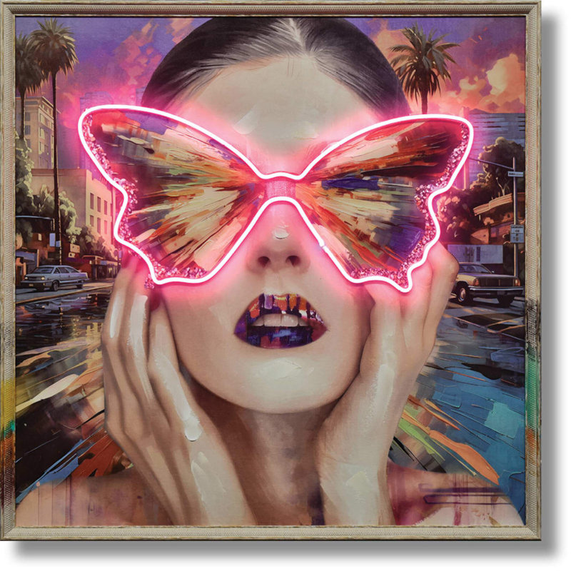 Art mural en néon sur toile lunettes de soleil papillon - 33 "x 33" - cadre multicolore