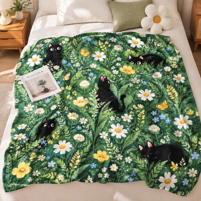 Couverture en peluche à motif chat et fleurs (1 pièce) – Design simple face ; légère et confortable, idéale pour la décoration intérieure et la détente, parfaite pour les chambres d'adolescents, un ajout charmant à tout espace de vie. Convient également pour la literie et le canapé.