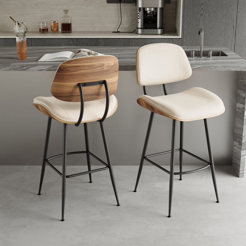 26.7'' PU Leather Upholstered Counter Stools with Walnut Backs & Seat and Metal Legs, Beige
