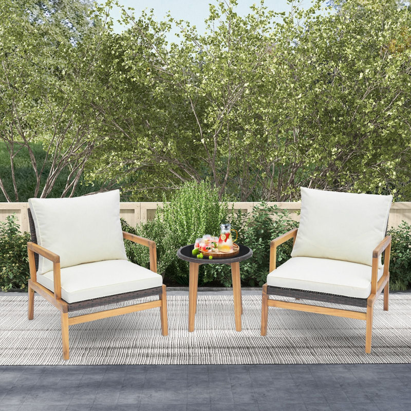 3 Piece Patio Conversation Set Wicker Chair & Side Table Set W/ Soft Cushions