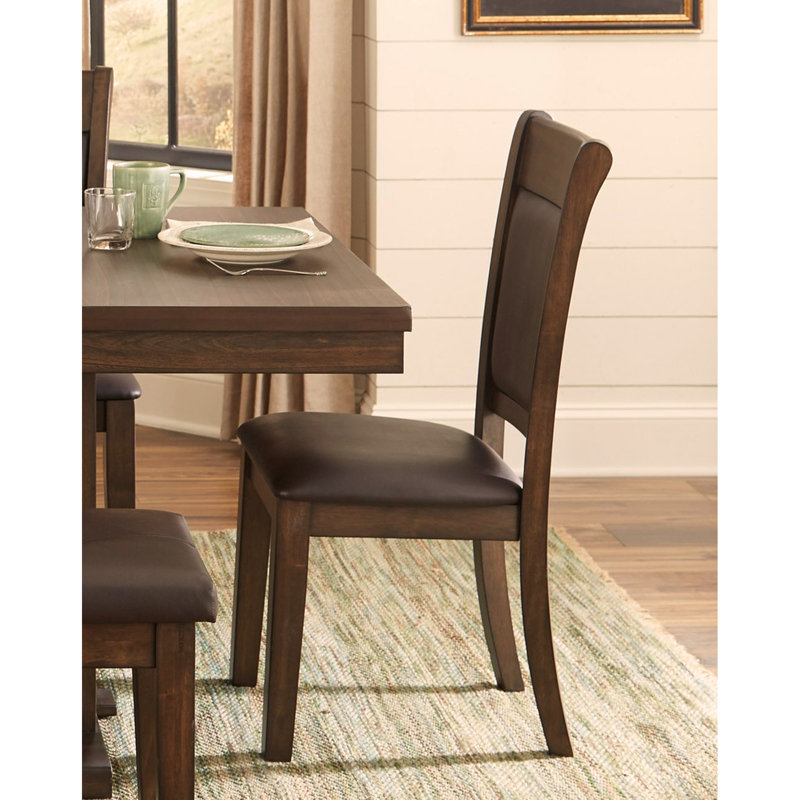 Transitional 6pc Dining Set Table with Self-Storing Leaf Bench Upholstered 4x Side Chairs