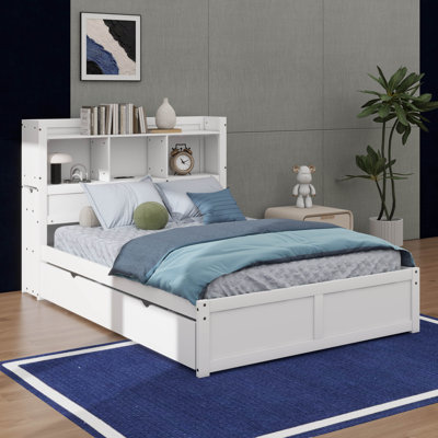 Lit plateforme double avec tablettes coulissantes