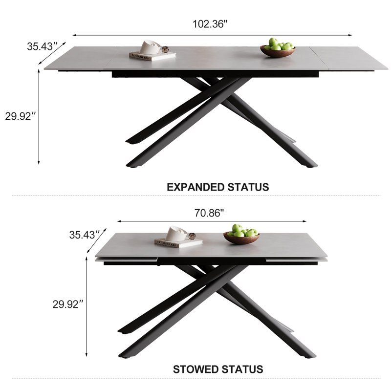 Louina 70.8" to 102.3" Extendable Rectangular Dining Table with Fabric Chairs Dining Set, Gray, White/Black, 11