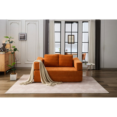 Lit escamotable en chenille de style rétro, de couleur orange - coussin amovible et moelleux pour la détente, base pliable du lit du salon, revêtement en teinture