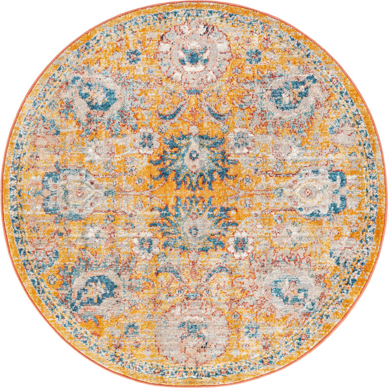Tapis jaune à motif floral Akira, Rond 5 pi 2 po
