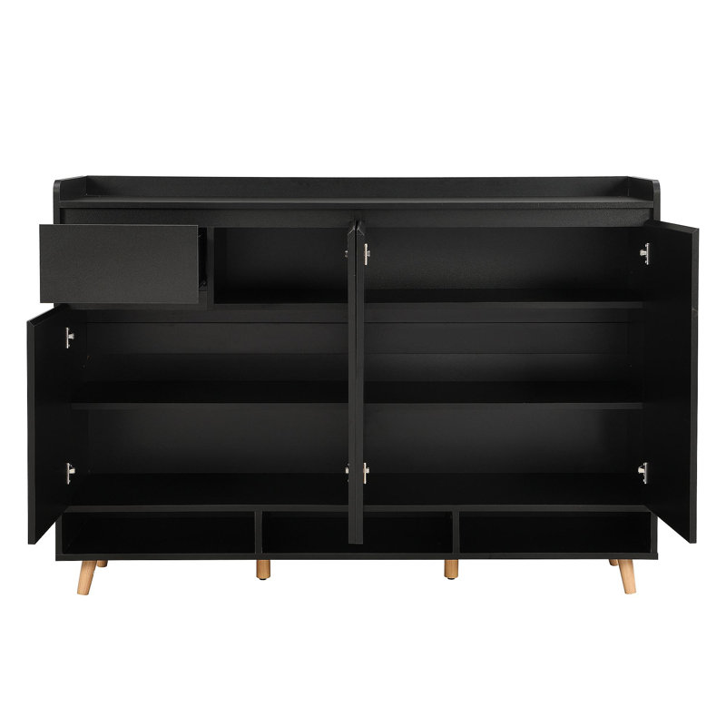 Sleek And Contemporary Shoe Cabinet With Adjustable Shelves, Minimalist Home Organizer With Solid Wood Legs, Storage Sideboard For Entryway, Living Room, Black