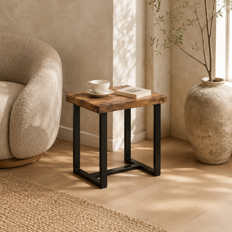 Table d'appoint industrielle avec plateau en bois et structure en métal, ensemble de 2 tables de bout compactes pour le salon, la chambre à coucher et les petits espaces