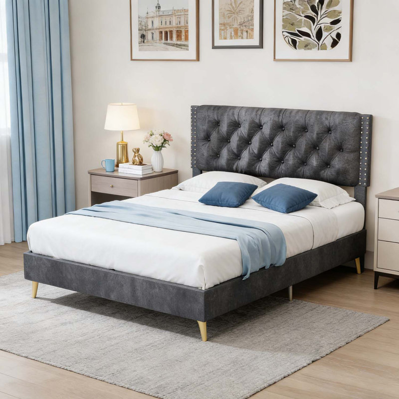 Lit rembourré avec tête de lit capitonnée, structure robuste pour le confort et le style, Gris, Grande capacité