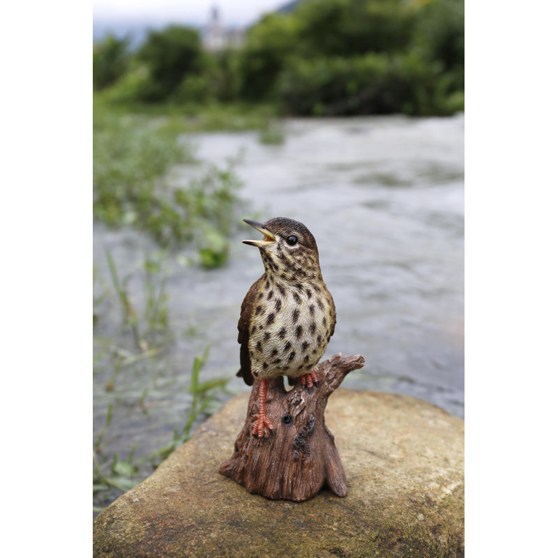 Brown Polyresin Songbird on Stump with Motion Sensor