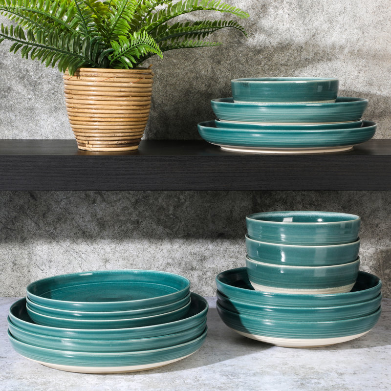 Teal Ceramic 16-Piece Round Dinnerware Set for 4