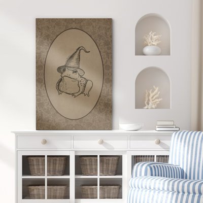 Moody Skull Vintage Style Frog in Witch Hat with Floral Border Print Pictures Frame Canvas Print Wall Art