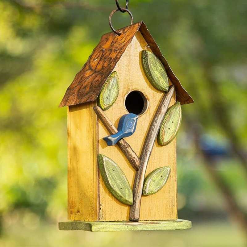 Strader Distressed Solid Wood Cottage Decorative Outdoor Garden Birdhouse with 3D Tree, Yellow