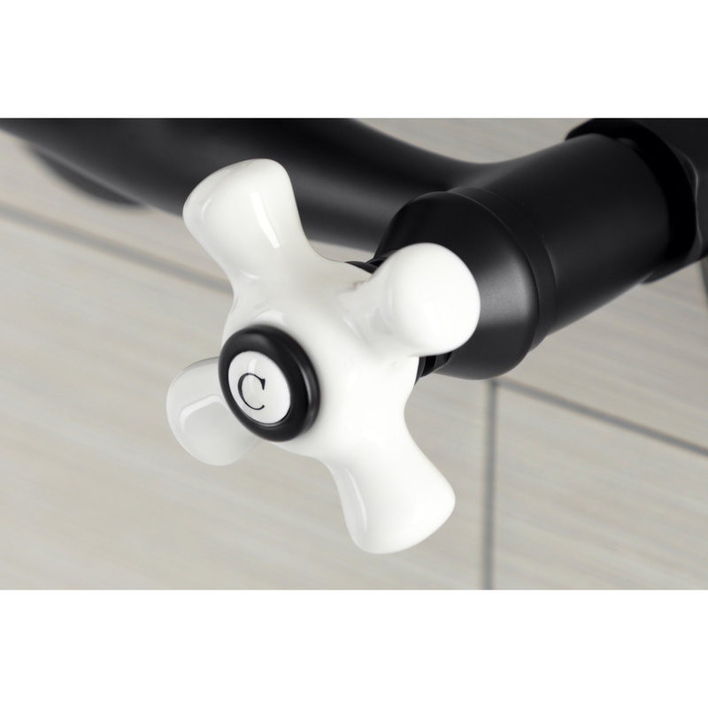 Kingston Brass Kingston Two-Handle 2-Hole Wall Mount Bar Faucet, Cross Handle, Matte Black/White