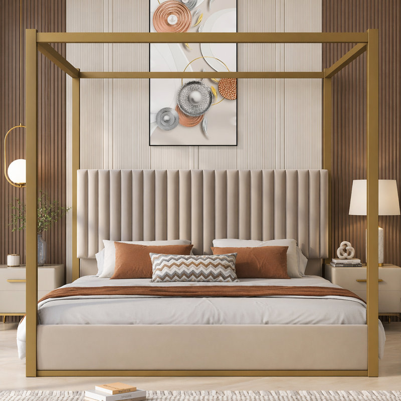 Lit plateforme à baldaquin avec tête de lit et structure en métal Upholstery, Beige